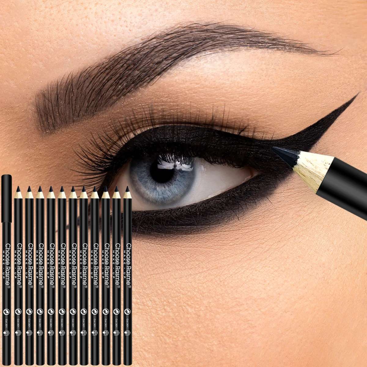 12Pcs Black Wooden Eyeliner Pencil Set Waterproof Long‑lasting Smudge‑proof Eye Liner Pen Women Eyes Makeup Cosmetic Tools