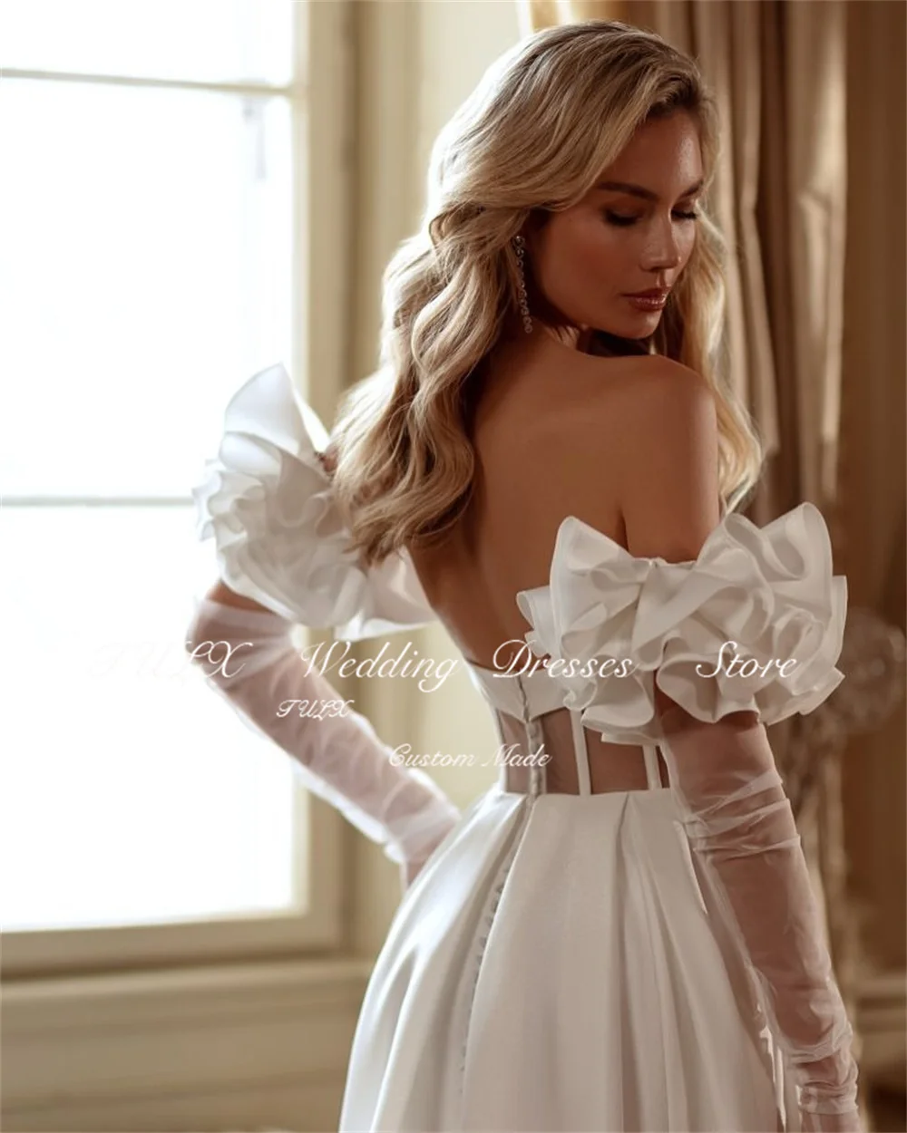 TULX Elegant Sweetheart ซาตินชุดแต่งงาน Ruffle แขนยาวชุดเจ้าสาวความยาวชั้น Sweep Train Robe De Mariée ที่กําหนดเอง