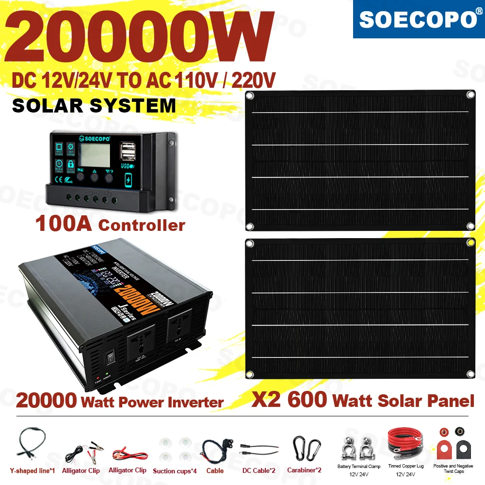 SOECOPO 20000W Peak Solar System Kit 2x600W Panels 100A Controller Dual Voltage Inverter DC 12V 24V to AC 110V 220V for Home