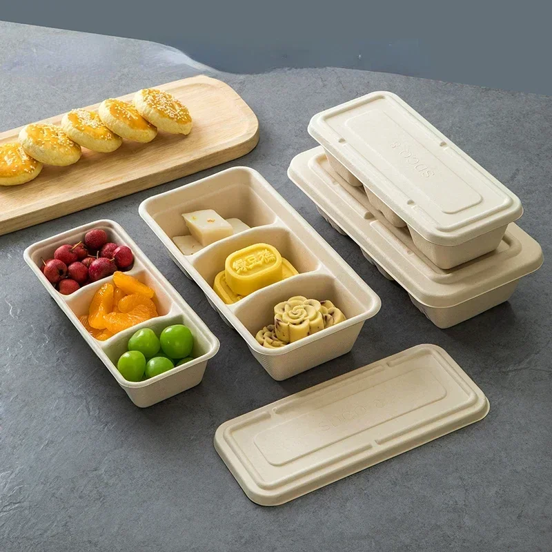 

Disposable Three Grid Pulp Lunch Box Rectangular Eco-friendly Takeout Boxs with Lid Fruit Lunch Dessert Packaging Cover Box