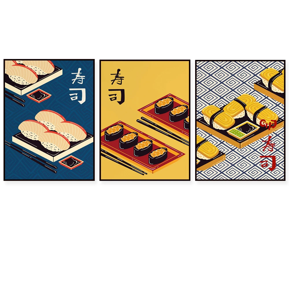 Vintage-Essstäbchen mit Sushi, Sashimi, kalifornischen Brötchen, Tamago-Sushi, asiatische Essensküchenplakat der japanischen Küche