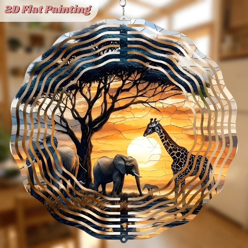 2D Flat, dimensional Plane, Two-dimensional Plane Metal Rotating Wind Chime, Elephant and Giraffe Pattern Under