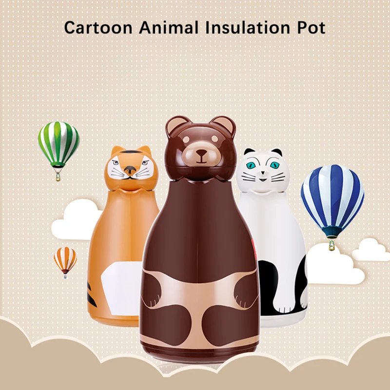 1L Cartoon Animal Insulation Pot Creative Cute Cat Tiger Bear Children Thermos Kettle Rotary Hot Water Bottle Glass Inner Liner