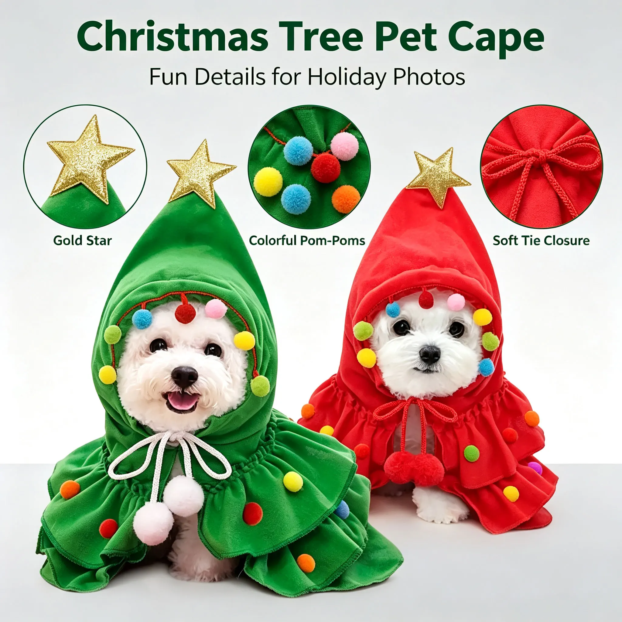 Pet Christmas Tree Costume Dog Cat Xmas Cape Cloak with Star Pom‑pom Decor Holiday Cosplay Outfit Small Dogs Cats Party Dress‑up