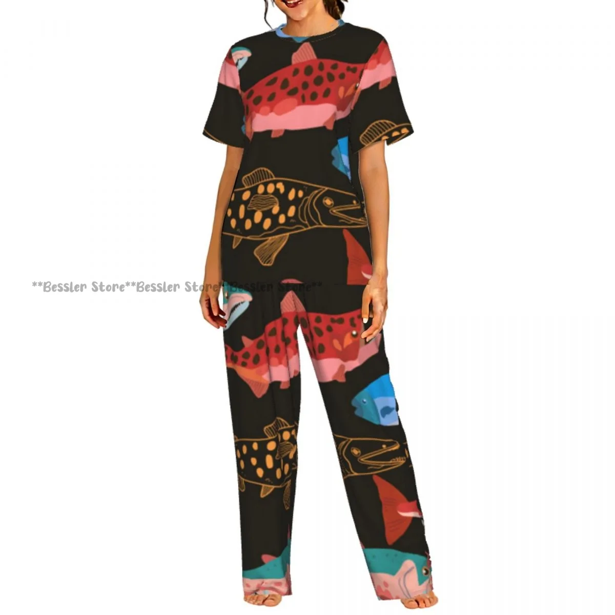 

Женские пижамные комплекты для дома и сна, с принтом лосося, с коротким рукавом