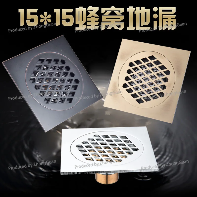 15 * 15 All-copper Deodorant Large Floor Drain, Antique Black and Ancient Electroplated Honeycomb Large Displacement  Bathroom