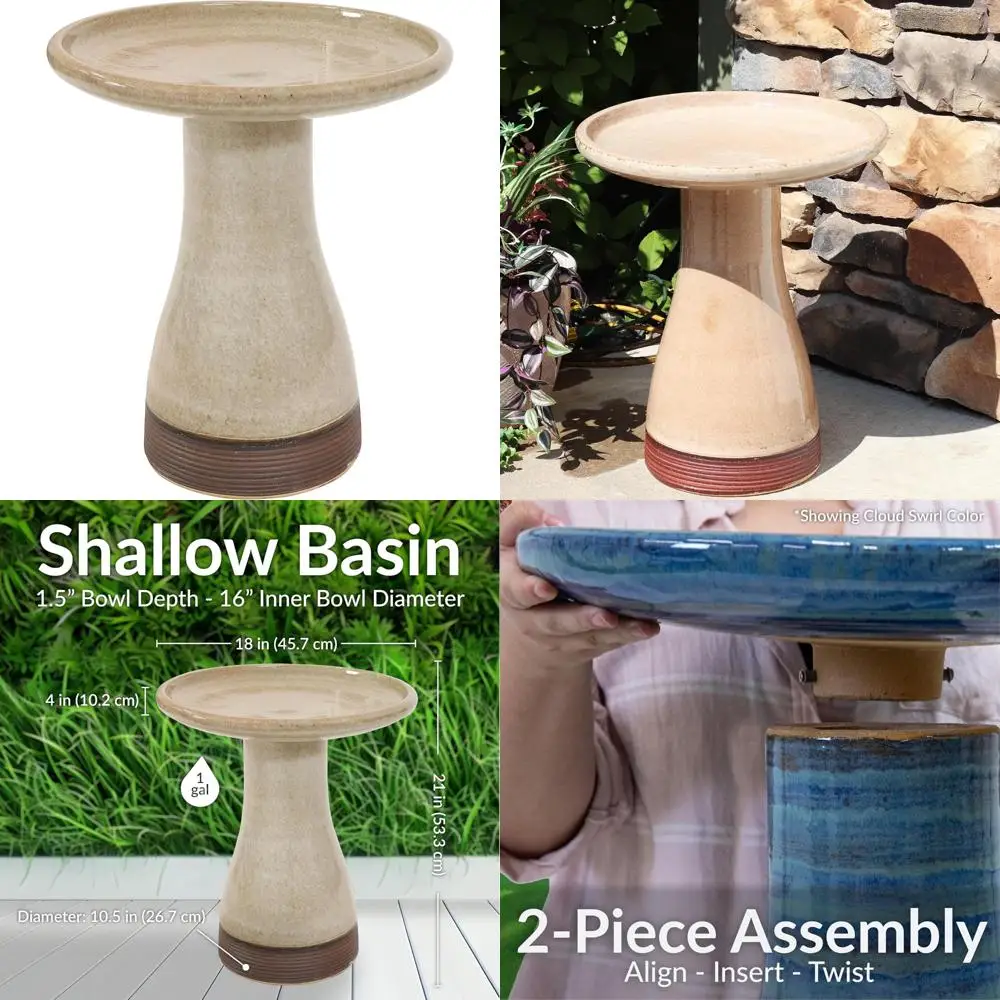 

«21-дюймовая керамическая уличная миска для ванны для птиц с ручной росписью и защитой от ультрафиолета и мороза — ребристый узор в цвете ям»