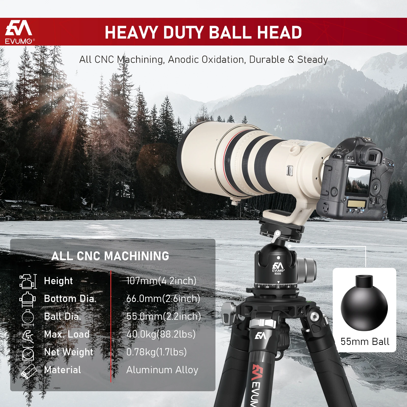 EVUMO 55mm Professional  Ball Head Double Panorama Low Profile CNC Mental Tripod Head with Arca Swiss Extra Quick Release Plate