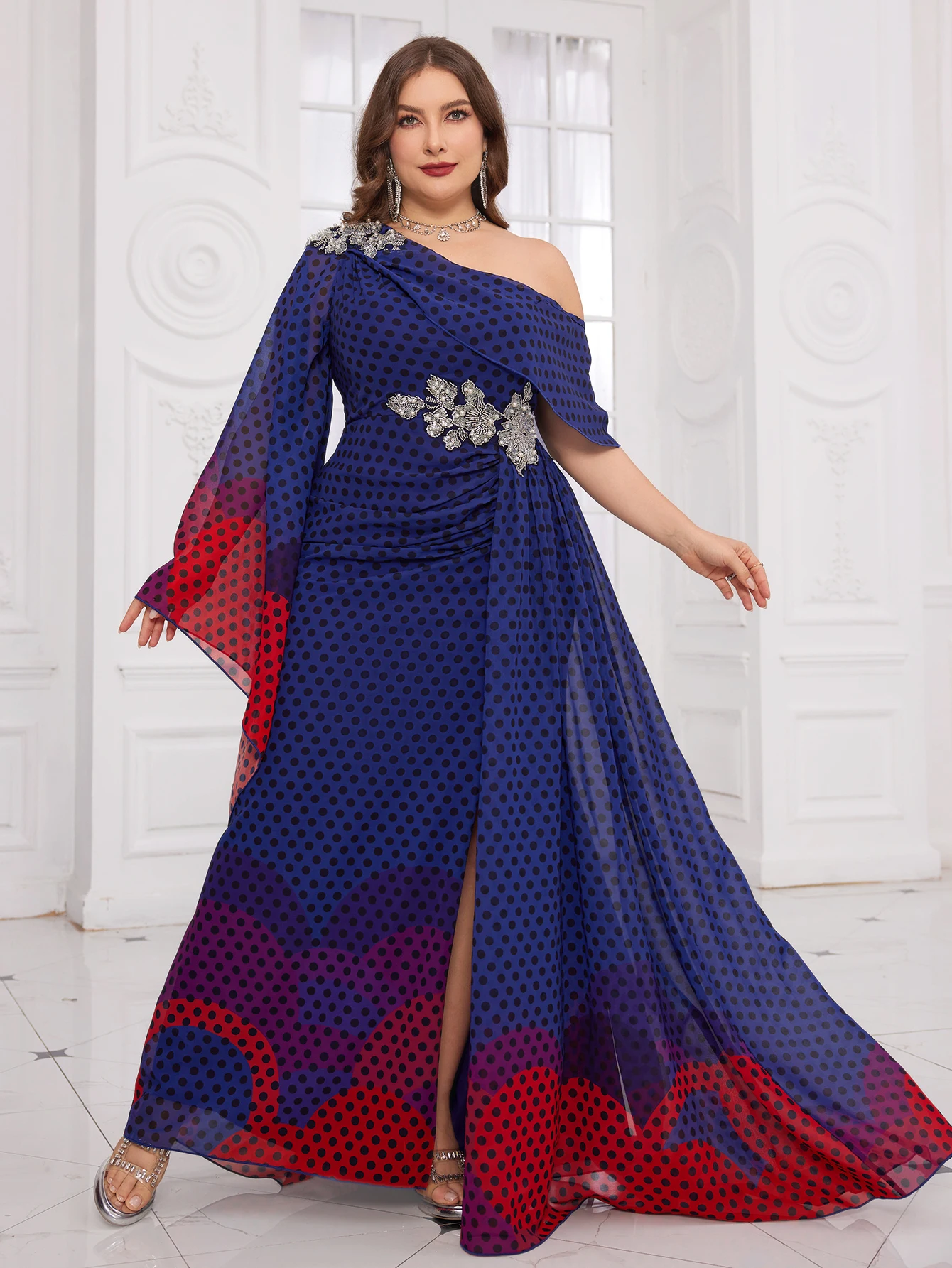 UNITHORSE عشوائي CutElegant مطرز مزين الرقمية البولكا نقطة المائية طباعة تنورة كبيرة ألف خط فستان سهرة شيفون #4