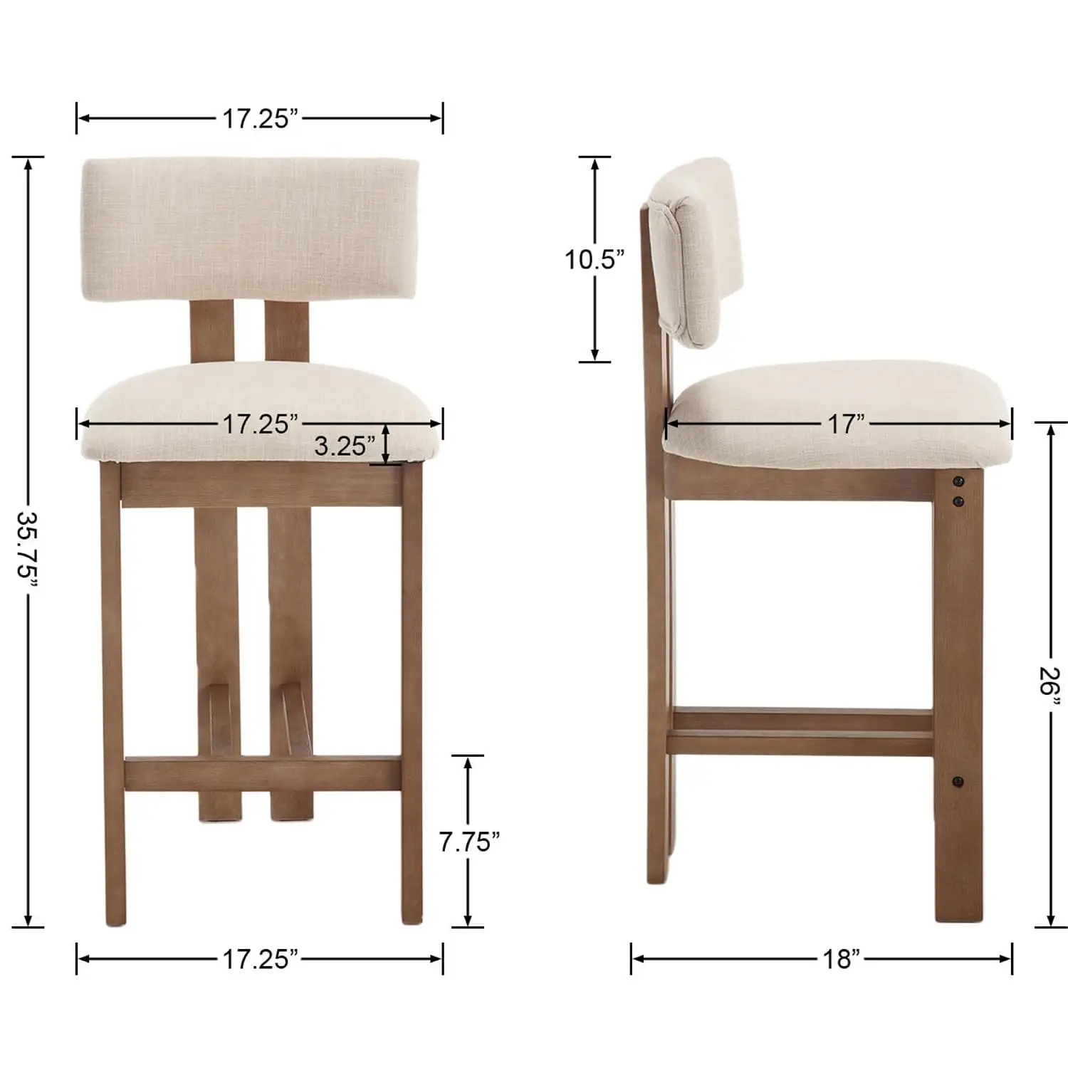 Farmhouse Bar Stools Set of 4 Modern 26" Counter Height with Padded Back Upholstered Wood Legs Beige, Customized - view 3