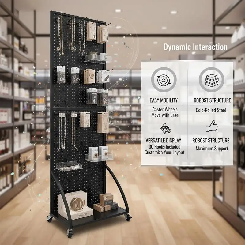 Mobil Sergi Rafı 23,7 x 66 inç Perakende Mağazası, Kuyumcu, El Sanatları Fuarı İçin, Soğuk Haddelenmiş Çelik Pegboard Panel, Tekerlekler, 30 Kancalı, Çift Taraflı Taban Plakası, Siyah