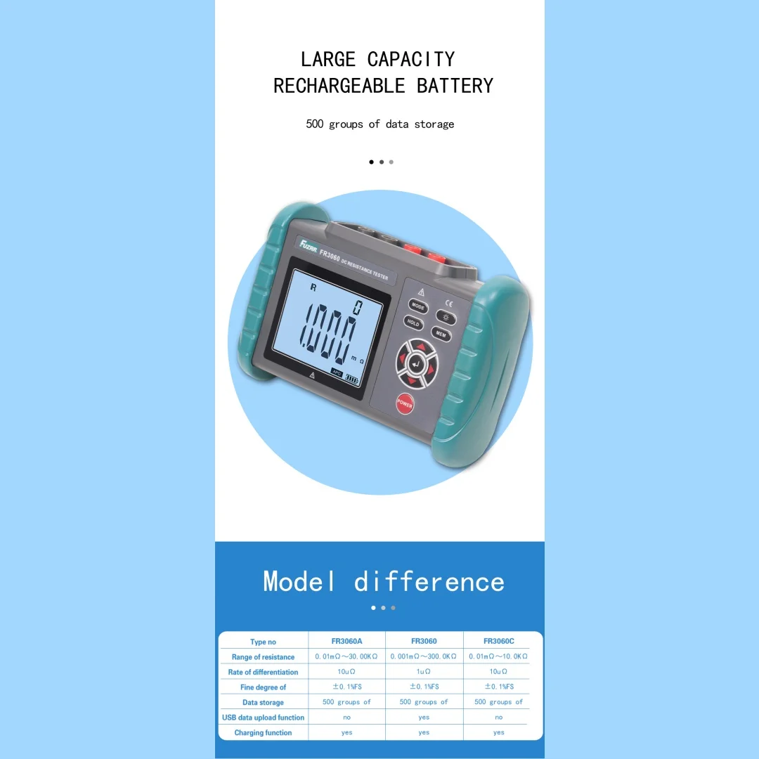 FR3060 for DC low resistance tester micro ohmmeter milliohmmeter 300kΩ portable handheld precision resistance meter with data