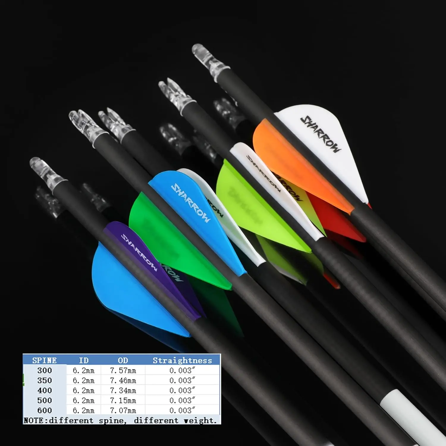 

Набор из 6 карбоновых стрел для стрельбы из лука, спайн 300, 400, 500, 600, прямолинейность +-0.003", внутренний диаметр 6.2 мм, для охоты и стрельбы по мишеням