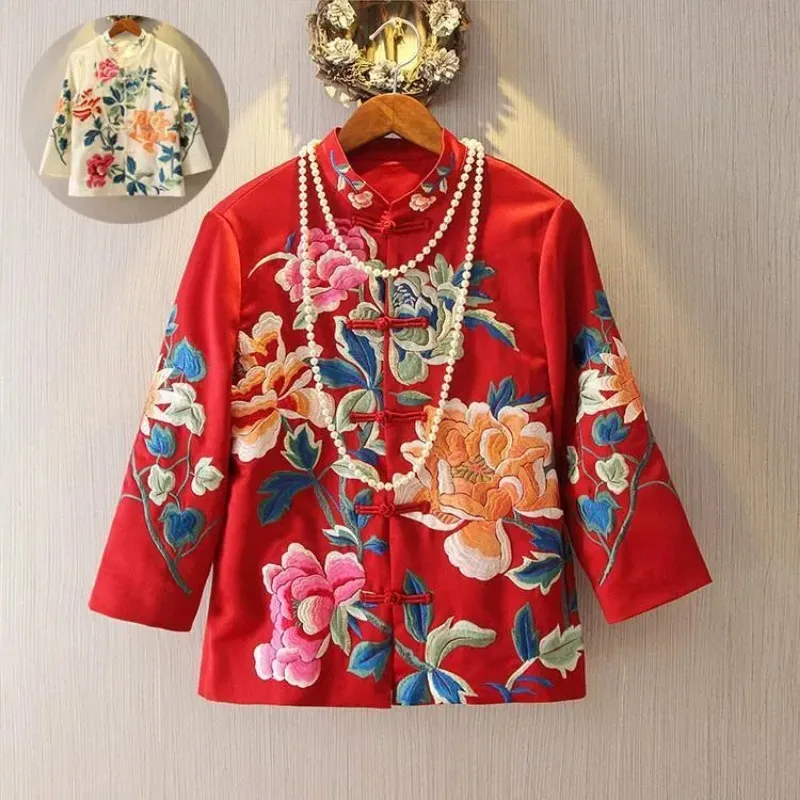 

Spring Retro Double-breasted Chinese Tang Suit Jacket with Peony Embroidery Short Cheongsam Style Top for Women