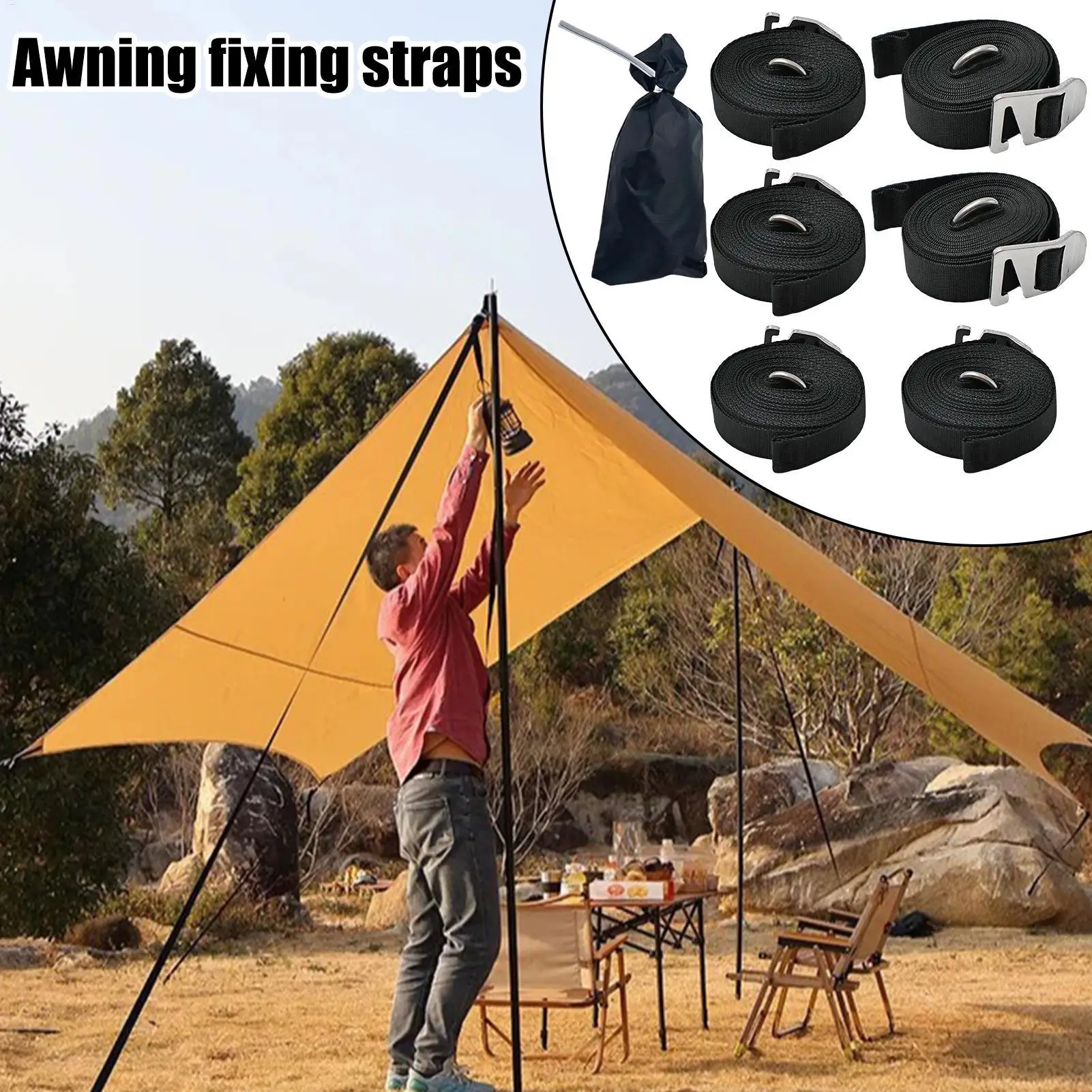 RV Awning Straps 6 Pieces Awning Fixing Straps With Storage Bag Thickened Sunshade Fixing Rope Camping Accessories For Rainy