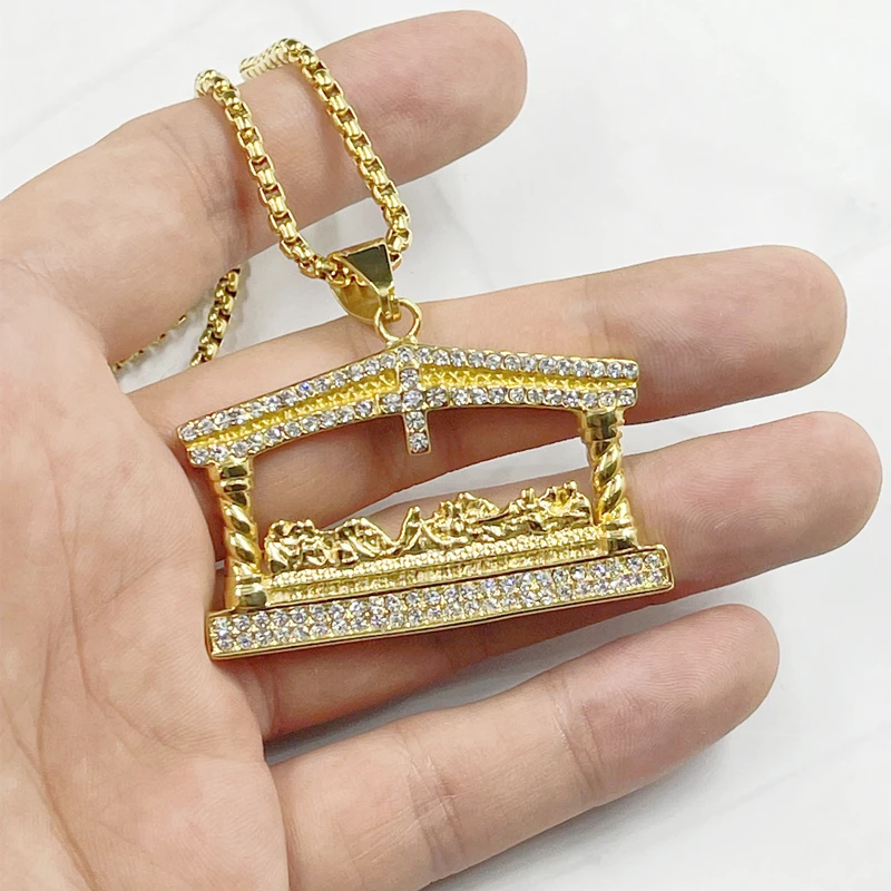 Men\'s rhinestone Jesus Head Gold color Pendant Necklace Fashion The Last Supper Hip Hop Necklace