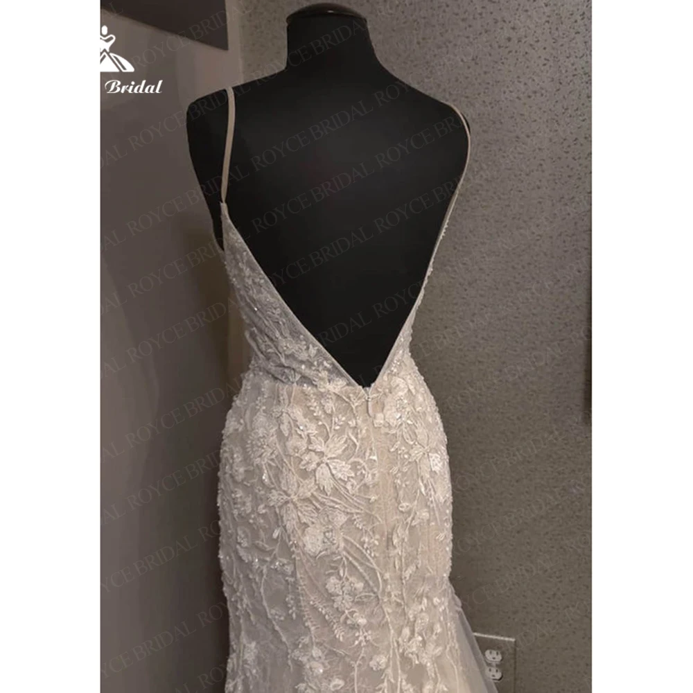 Vestidos de novia bohemios de encaje con cuentas de lujo, vestidos de novia con cuello en V, tirantes finos, Vestido Floral Blanco, vestidos de novia con botones en la espalda