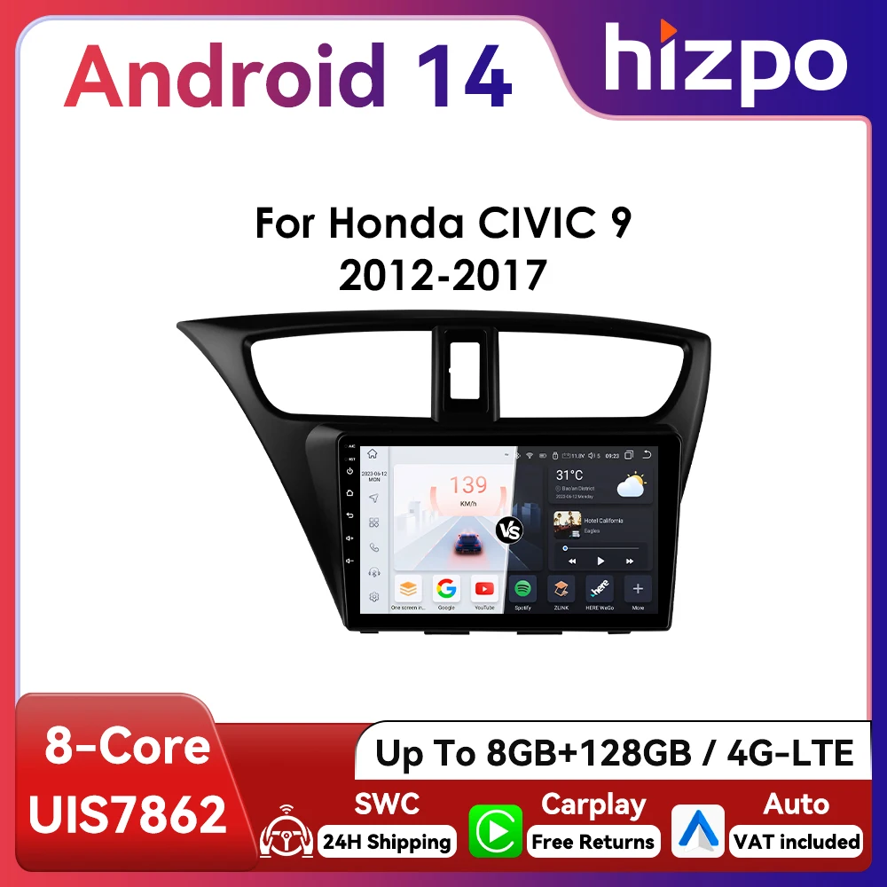 Hizpo 2din 9inch android13 autoradio für honda civic 9 2012-2017 ui7862 multimedia navigation gps rds dsp bt 4g carplay 360cam
