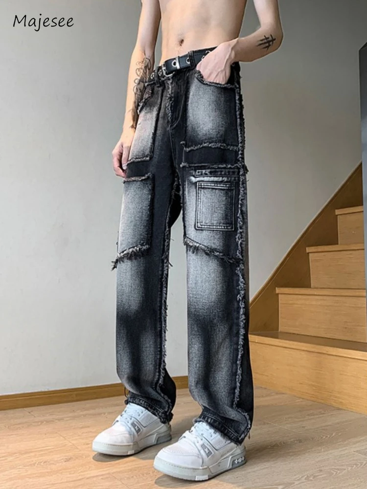 

Contrast Color Jeans Men Wide Leg Slouchy Washed Teenagers Frayed Side Stripe Loose Classic High Street Hip Hop Ankle Length