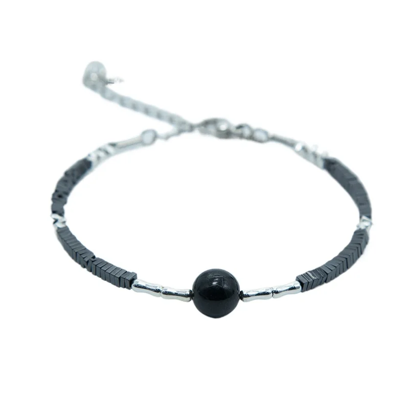 Natural Hematite Black Jade Bracelet, Polished Gemstone Single Strand Bracelet, Elegant Protective Crystal Jewelry for Women