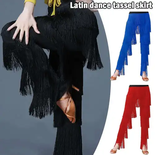 Imagen 2 del producto Ropa de baile para mujer, cintura elástica, pantalones de baile latino con borlas, traje de actuación de Tango Cha-Cha, pantalones con flecos escalonados