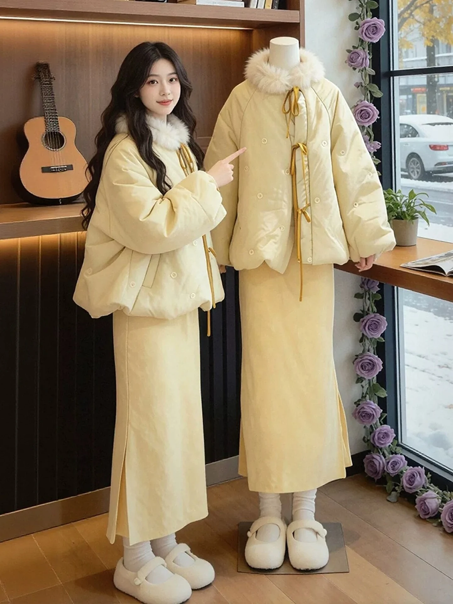 

Yellow Cotton Jaet And Qipao Dr Set plus Size Women's Faionable New Chinese Sle Winter Outfit High Waist Loose Fit