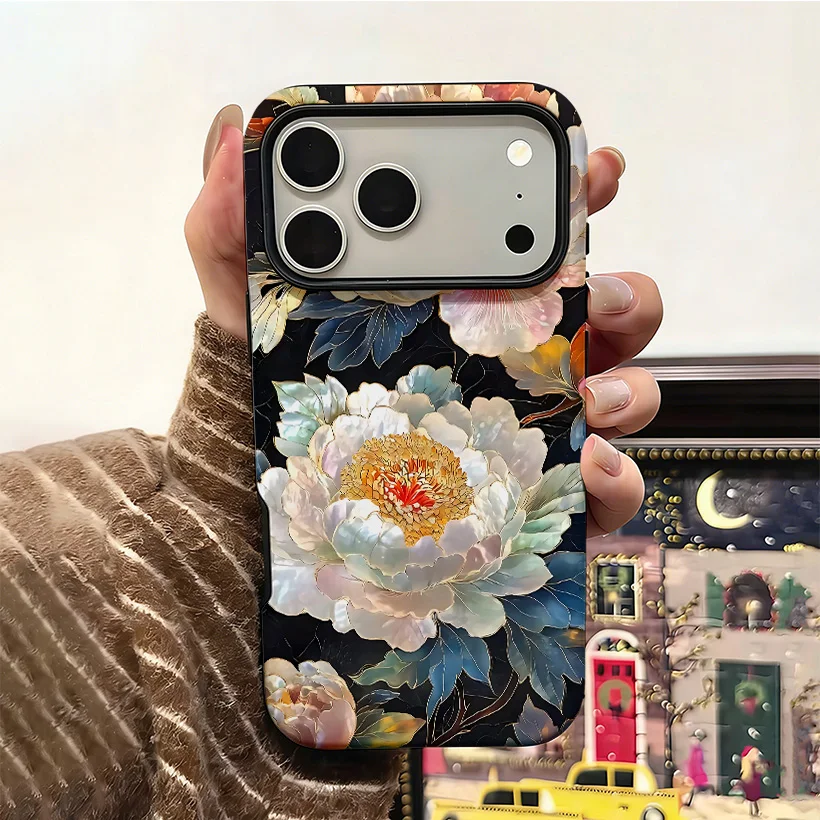 

Luxury noble peony pattern Phone Case for iPhone 17 16 15 14 13 12 11 Pro Max Air Plus Luxury Double-layer Back Cover