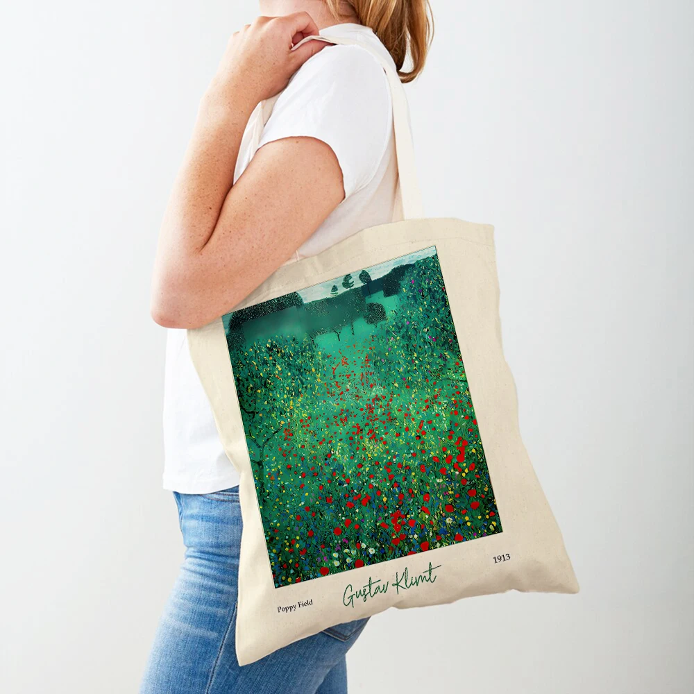 Gustav Klimt Green Flower Garden Flora Shopping Bag Double Print Eco Casual Nordic Shopper Bags Lady Canvas Tote Women Handbag