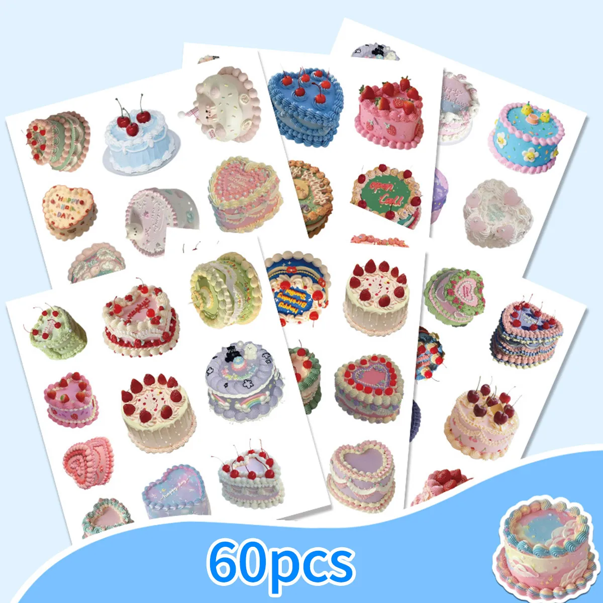 60 Pieces of Retro Cream Cake Stickers, Colorful Dessert Designs, Suitable for Journals, Scrapbooks, and Party Decorations