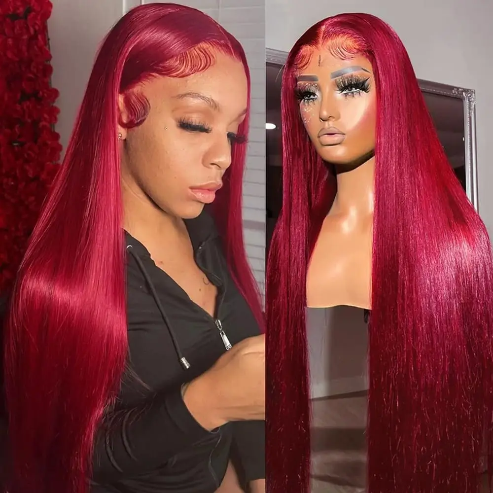 99J Burgundy Wigs Straight Human Hair 40 46 inch 13x4 HD Transparent Lace  13x6 Full Frontal Lace Pre Plucked 99j Colored Wigs
