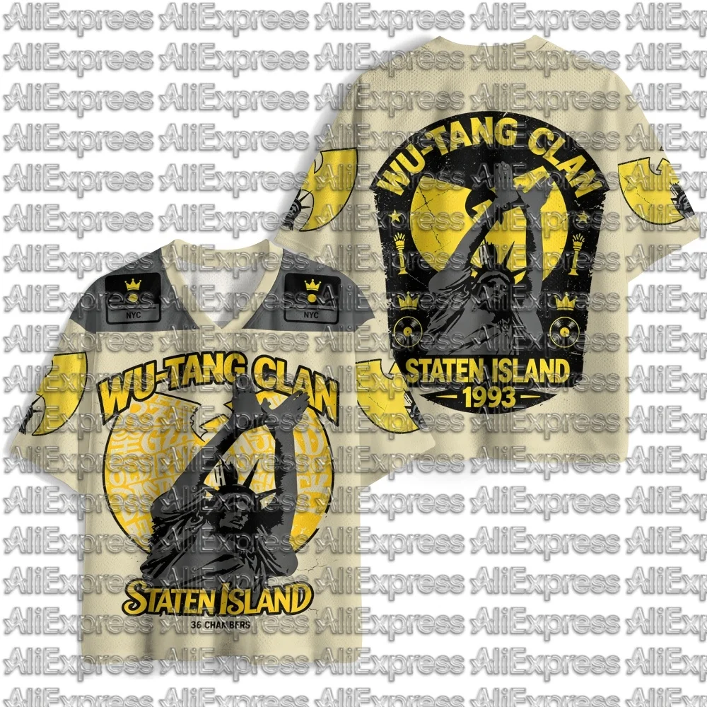 Wu Tang 1993 Pattern Men's Mesh V-neck Short Sleeved T-shirt Retro New York Hip-hop Rap Men's and Women's Street Sports Top