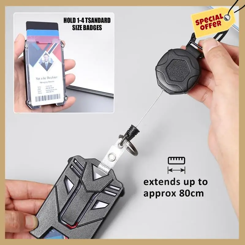 Suporte de crachá retrátil e mosquetão resistente, chaveiro, carretel de crachá de identificação tático com rolamento de cabo retrátil de 32 polegadas, fácil de usar