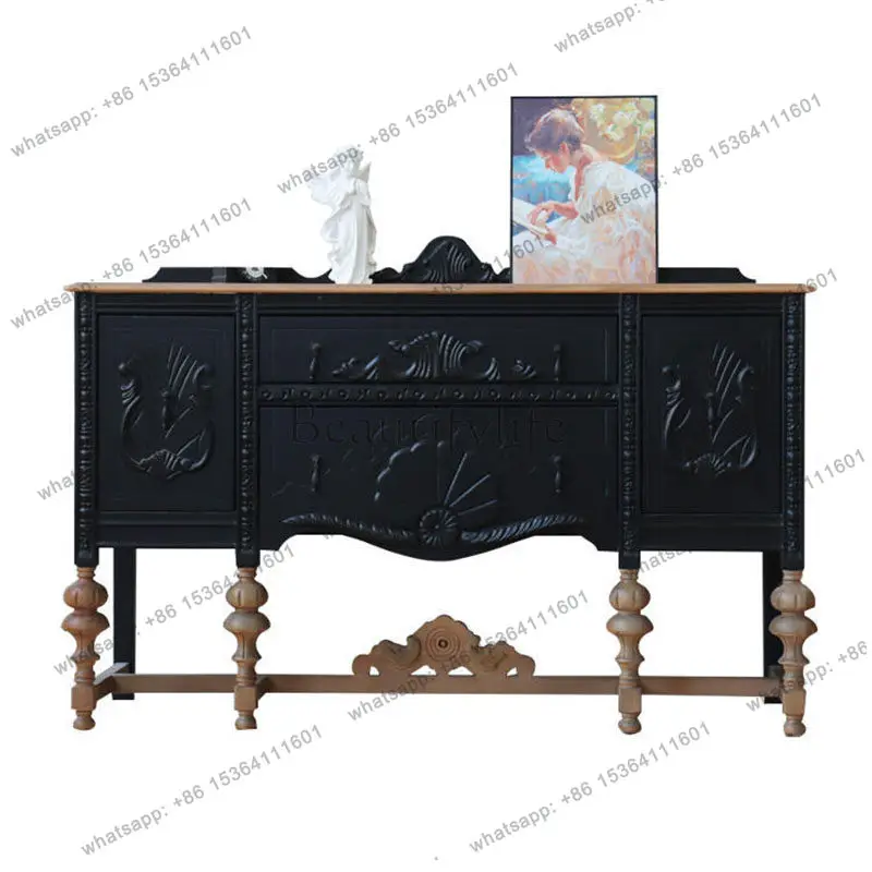 

French medieval style solid wood chest of drawers black storage side multi-function cabinet customization