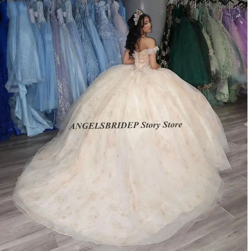 Angelsbridep quinceanera vestidos fora do ombro apliques flor contas querida espartilho doce 16 vestido tule aniversário vestidos de baile