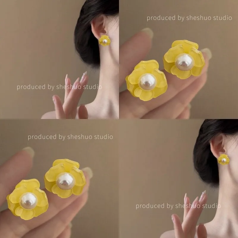 Earrings Yellow Pearl Floral Lightweight Ethereal Seaside Resort Photogenic Elegant Hypoallergenic Comfortable Jewelry Women