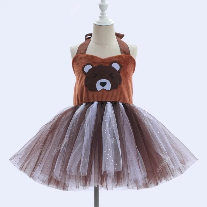 New Models Kids Girls Halloween Dress Up Cosplay Animal Theme Party Brown Bear Handmade Mesh Tutu Dress With Matching Hair Hoop