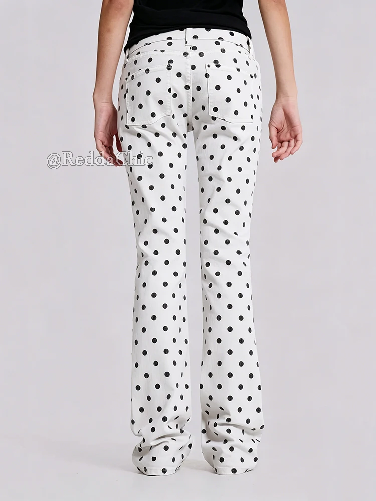 REDDACHiC Polka Dots Low Rise Jeans for Women Vintage Versatile White Relaxed Fit Straight Denim Trousers Trendy Lounge Clothes