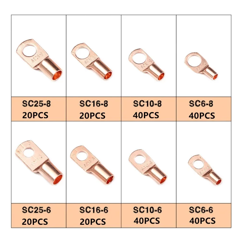 240PCS SC Type Wire Nose Terminal Bare Copper Battery Block Lugs SC6 SC10 SC16 SC25 Crimp Wire Connector Cable Lug Kit