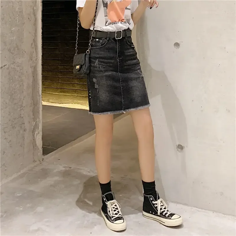 Woman Denim Skirt with Slit Midi Chubby Black Pocket Jeans Skirts for Women High Waist Ripped Korean Style Fashion Premium V