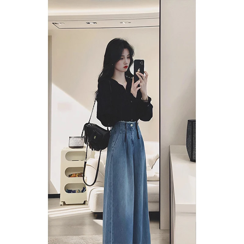 Setelan Dua Potong Pakaian Wanita Musim Gugur, Atasan Korea Model Lengan Panjang dan Celana Jeans Kaki Lebar, Gaya Elegan Kasual