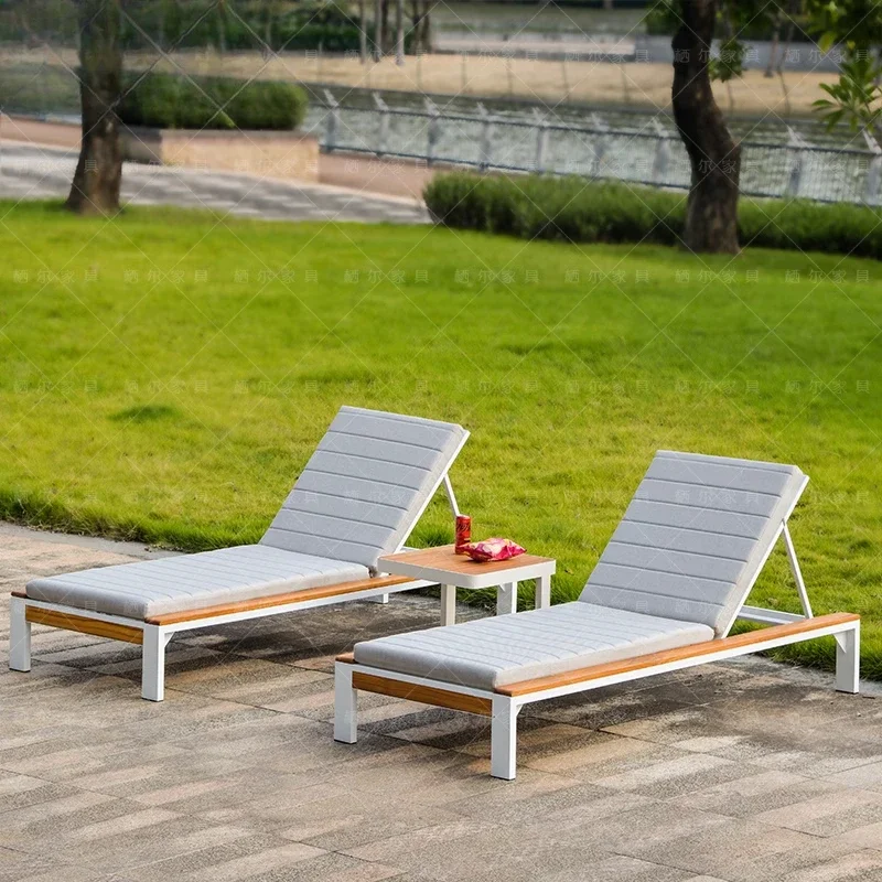 Outdoor hotel swimming pool high-grade stainless steel lounge chair seaside teak beach chair outdoor rain and sun