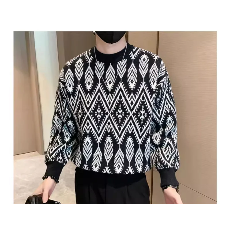 العرقية نمط سترة جاكار الرجال قاع قميص بأكمام طويلة الخريف والشتاء محبوك سترة البلوز #5