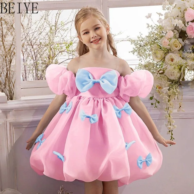Children's New Design Princess Dress Korean Style Bow Host Bubble Sleeve Gown Girls Piano Performance Birthday Stage Dress