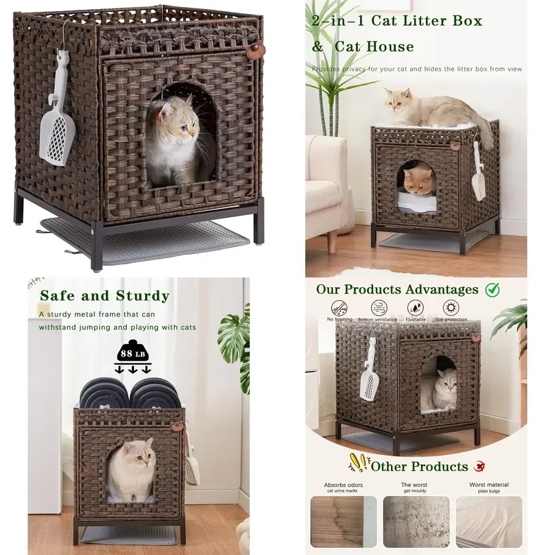 Wholesale Rattan Cat Box Furniture 2 in 1 Cat House with Hidden Enclosure and Sturdy Frame
