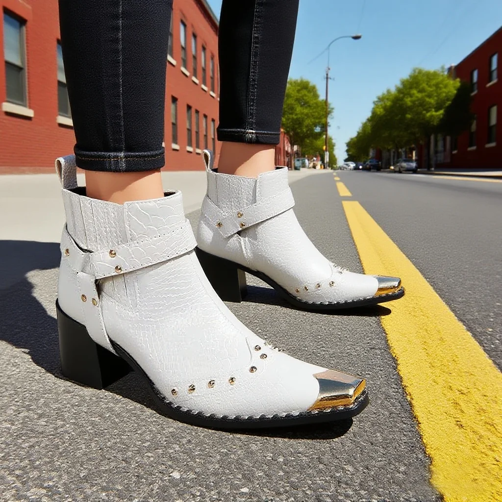 Schwarze Herren-Stiefeletten aus Schlangenleder mit Nietenbesatz, Blockabsatz, auffälliges Design, modische Schuhe für Bars, Bühnen, Streetwear und besondere Anlässe. – Detail 33