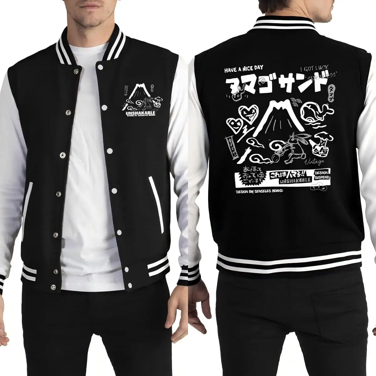 

Volcano Rabbit American Harajuku Cartoon Prints Jackets Men Autumn Fleece Streetwear Pocket Loose Baseball Uniform Hip Hop Top