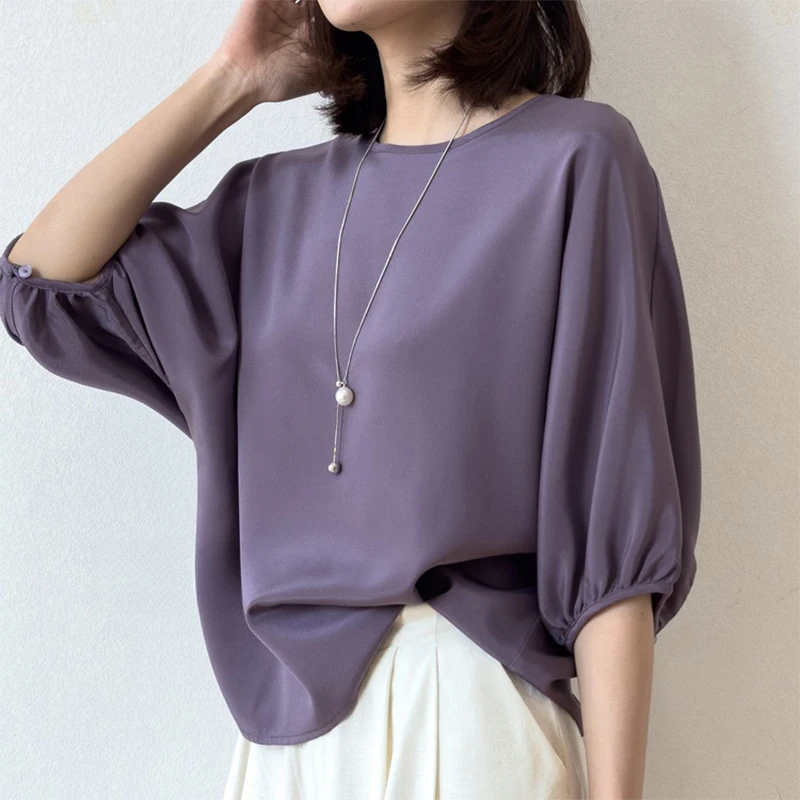 

Женская шелковая блузка 93% тутовый шелк 7% спандекс 26 Momme Тяжелый шелк Свободный пуловер с рукавами-фонариками Верхняя рубашка L XL M1456