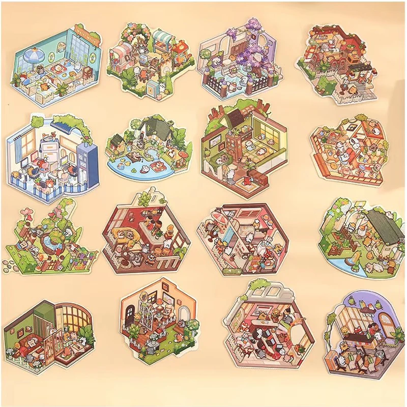 8 en 1 tamaño Mini 3D dibujos animados ciudad paisaje pegatina colección escena DIY juguete juego pegatina Festival regalo de cumpleaños para chico niña