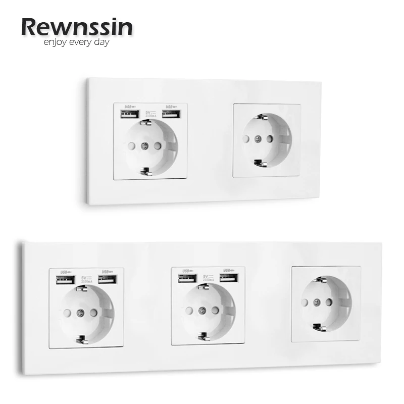 Rewnssin Wall Plug Sockets,5V 2.1A Charge USB,LED Power Indicator,EU Standard 1/2/3/4 Gang Outlets,110V-250V 16A Electricity