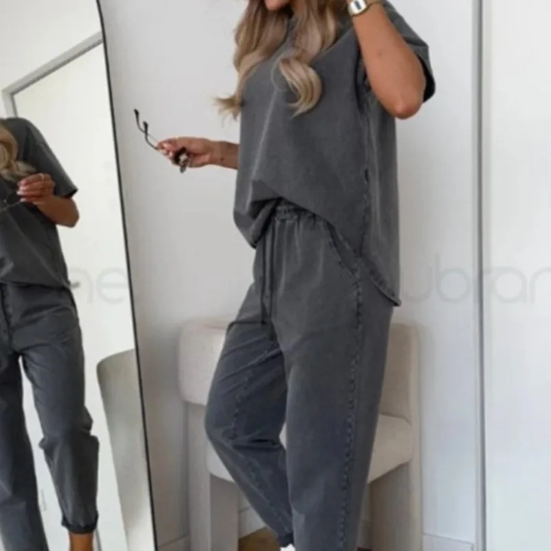 Set 2 potong gaya olahraga kasual musim semi Set celana panjang berenda elastis pullover lengan pendek leher-o longgar Fashion wanita musim panas